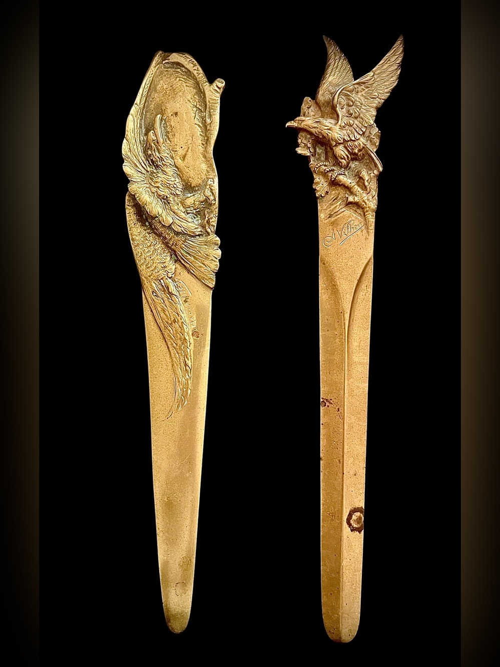 Antique French Bronze Letter Openers Pair, Albert Marionnet, Art Nouveau c1900